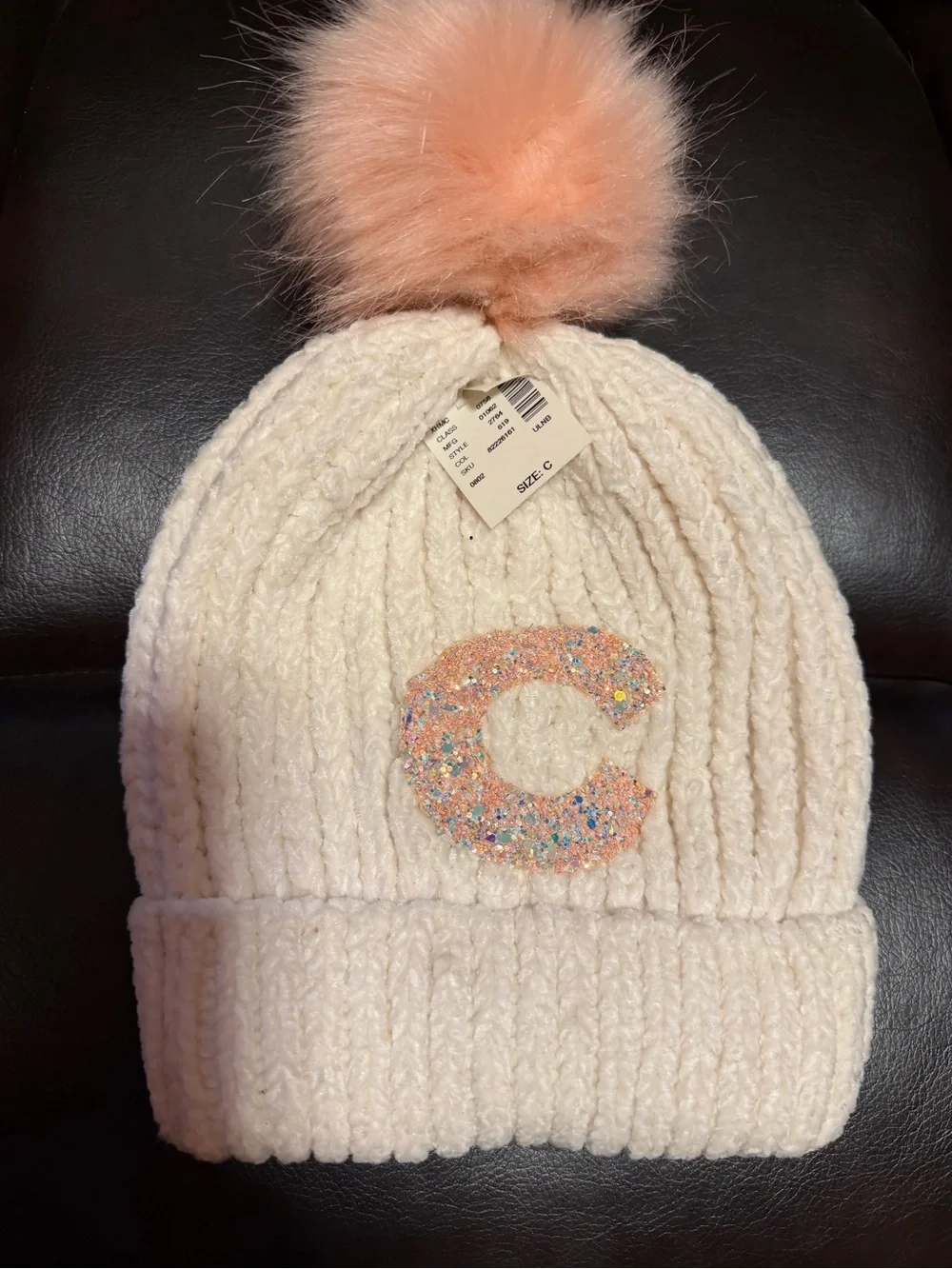 Justice Cream Knit Beanie with Pink Pom and Glitter 'C'